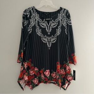 Zac and Rachel Long Oversized Tunic style Rose stripe navy and red blouse